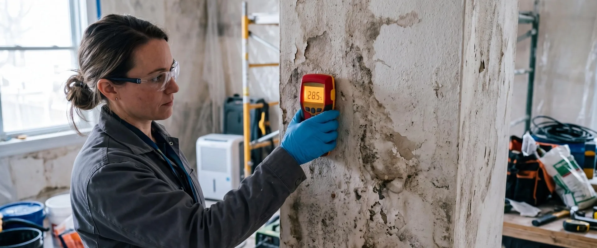 Water damage restoration technician checking wall moisture levels with a meter